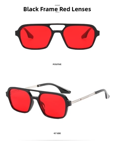 Detailed views of vintage square sunglasses with black frames and red tinted lenses