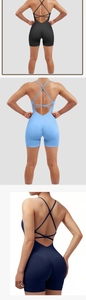 Detail view of scrunch butt and cross-back straps on athletic yoga jumpsuits