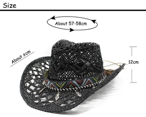 Detailed size chart for black woven western cowboy hat with ethnic style trim and charms