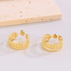 Boucles d'oreilles créoles dorées vintage avec texture perlée en acier inoxydable