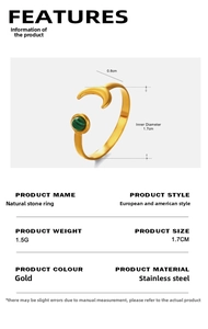 Detailed view of gold moon ring with green stone inlay showing exact dimensions