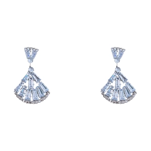 Elegant silver fan-shaped tassel earrings with sparkling zircon stones on white background