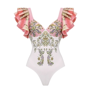 Elegant V-neck ruffled swimsuit with vintage baroque floral print in pink and ivory white
