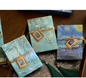 Detailed view of DIY art craft gift sets featuring Van Gogh paintings and silk tassels