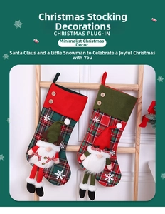 Detail of knitted Christmas stockings with 3D plush Santa and gnome figures on a ladder