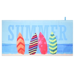 Quick-dry microfiber beach towel with summer surfboard print and hanging loop