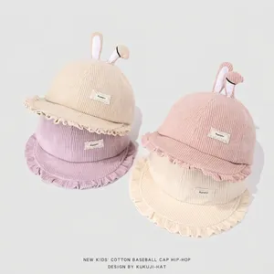 Chapeau De Pêcheur En Velours Côtelé Pour Enfants Avec Oreilles De Lapin Bord À Volants Chaud Automne Hiver