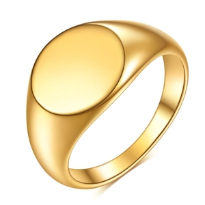 Polished gold stainless steel signet ring with a smooth oval flat top face for engraving