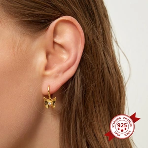 Elegant gold butterfly hoop earrings with S925 sterling silver needles and zircon crystals