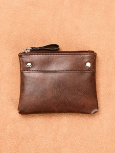 Classic dark brown PU leather coin purse with zipper closure and silver metal rivets