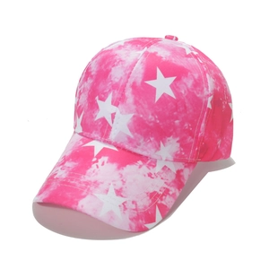 Close-up of pink tie-dye baseball cap with white star patterns and six-panel structure
