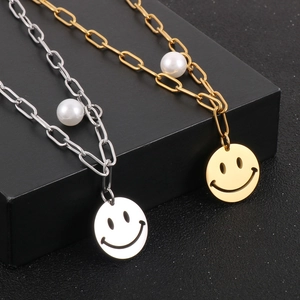 Stainless Steel Necklace With Hollow Smiley Face Pendant And Faux Artificial Pearl Paperclip Chain Unisex Trendy Jewelry Gift