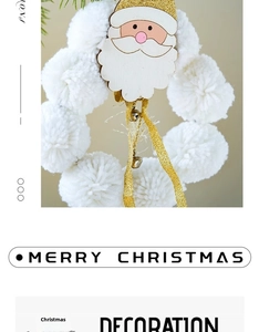 Detail of wooden Santa Claus ornament with white plush balls and mini golden bells