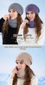 Detail of chunky knit winter hat and neck warmer set with widened large head circumference