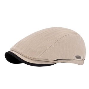 Classic herringbone flat cap for men with beige pattern and black visor brim