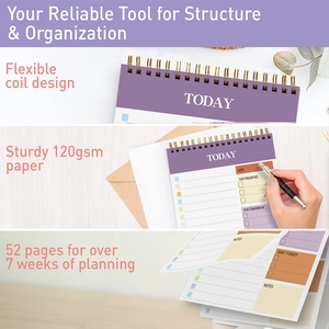 Minimalist daily spiral planner notebook with 120gsm thick paper for time management tasks.