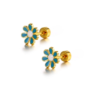 Charming daisy-shaped gold-plated stud earrings with blue enamel petals and white glitter center