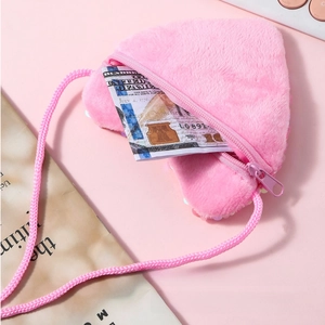 Pink heart plush coin purse with colorful sequins and a matching crossbody woven strap