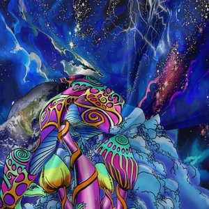 Close-up of high-quality fabric texture showing psychedelic mushroom and planet print details