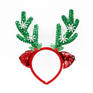 Christmas reindeer antler headband with green sequins and white snowflake decorations