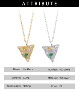 Detail showing gold and silver S925 sterling silver triangle pendants with CZ stones