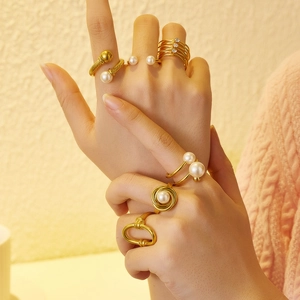 Geometric Artificial Pearl Ring Vintage Stainless Steel 18K Gold Plated Minimalist French Style Jewelry For Women High Polished