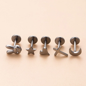 Five-piece stainless steel labret set with heart star cross moon and rabbit studs