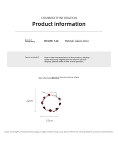 Detailed size chart showing 22cm length and width of the red zircon oval bracelet