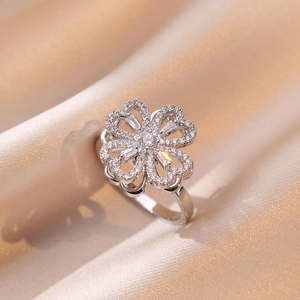 Bague Ouverte Coeur Trèfle À Quatre Feuilles En Zircon Pour Femme Bijoux En Alliage À La Mode Ajustables