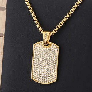 Hip hop gold plated dog tag pendant with full rhinestones on box chain for men