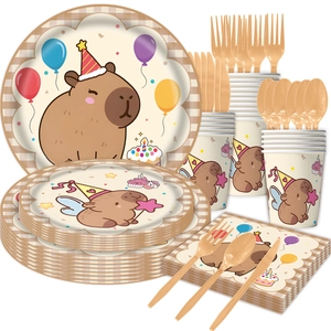 Complete Capybara themed party supplies set with paper plates cups and napkins