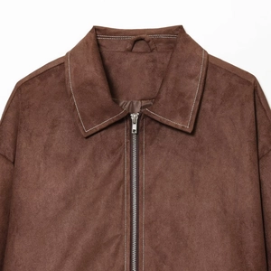 Dunkelbraune Damen-Wildlederjacke mit silbernem Reißverschluss und Kontrastnähten
