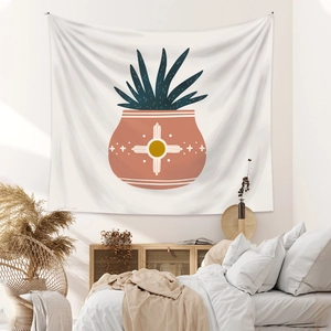 Close-up of minimalist bohemian tapestry fabric with abstract potted plant design