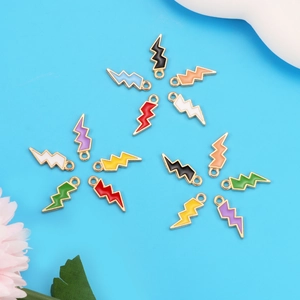 Colorful enamel lightning bolt pendants for DIY jewelry making on blue background