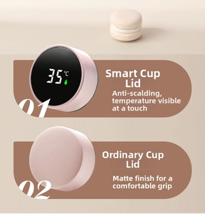 Detail view comparing smart LED temperature display lid and matte finish cup cover