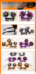 Detail of Halloween eyewear featuring sequin frames with pumpkin, skull and tassel accents