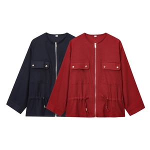 Women Long Sleeve Jacket Linen Blend Zipper Utility Safari Coat With Drawstring Waist And Flap Pockets Casual Outerwear