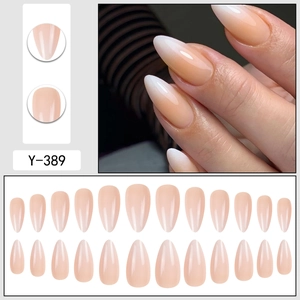 Minimalist nude almond press on nails with white gradient and 24 piece set display