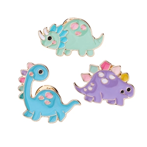 Three-piece colorful dinosaur enamel brooch set with green blue and purple designs