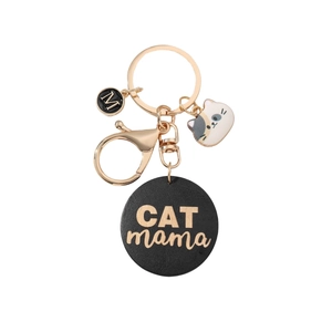 Porte-clés Cat Mama en bois, lettrage doré, breloque chat émail et fermoir mousqueton