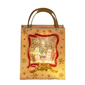 Beige Christmas tote-style snow globe lantern with festive snowman family and warm LED light