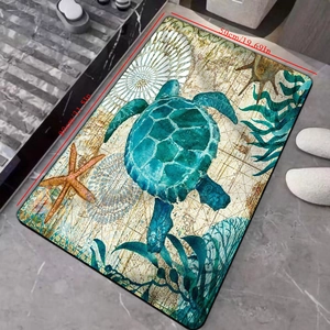 Absorbent diatomite bath mat featuring vintage sea turtle and nautical map design