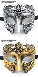 Detail of vintage Greek Roman warrior half masks with metallic finish and embossed gods