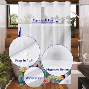 Detail of waterproof shower curtain with snap-in liner, cactus print, and bottom magnets