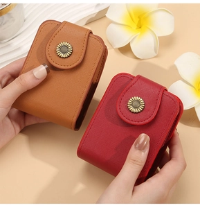 Mini cross-grain leather cosmetic cases with vintage sunflower metal buttons in two colors