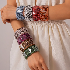 Wide geometric acrylic leopard print bangles in multi-color options for women