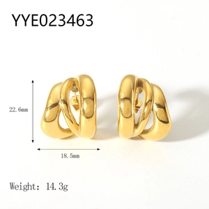 Detailed view of 18K gold plated interwoven triple hoop earrings with size measurements
