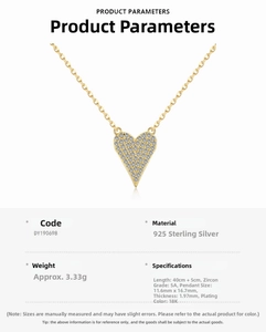Detailed size specifications of the S925 silver heart necklace with 5A zircons