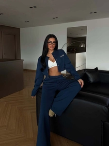 Veste Et Pantalon En Coton Pour Femmes Sweat-shirt Court Boutonné Taille Haute Jambe Large Droite Sportif Streetwear