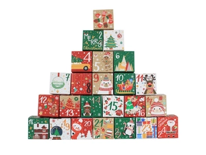 Detailed view of 24 Christmas advent calendar paper boxes with numbered festive designs